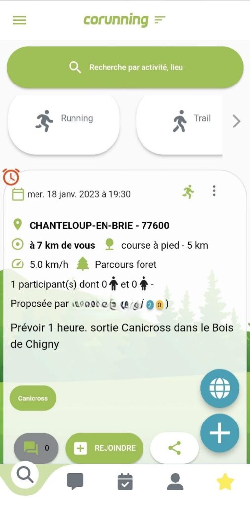 Exemple de proposition de course canicross sur l'application Corunning